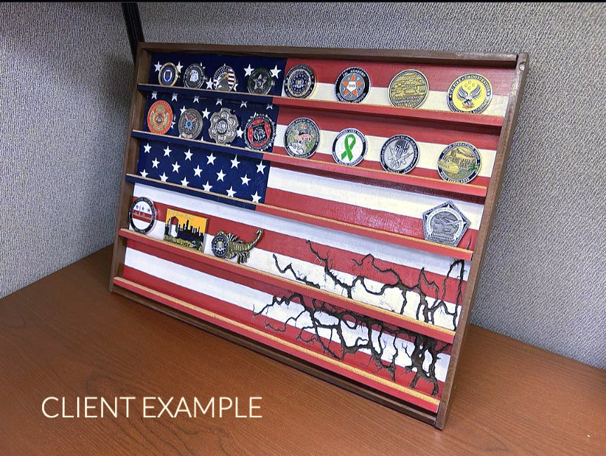 American Flag Challenge Coin Display - Vertical Desk Stand with Hand-Painted Flag