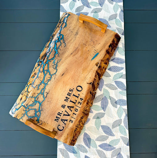 Premium Live Edge Serving Tray - Fractal Burned Teak (27" x 10")