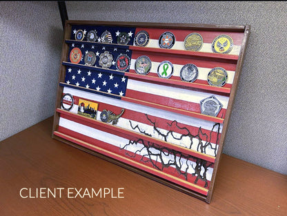 American Flag Challenge Coin Display - Vertical Desk Stand with Hand-Painted Flag