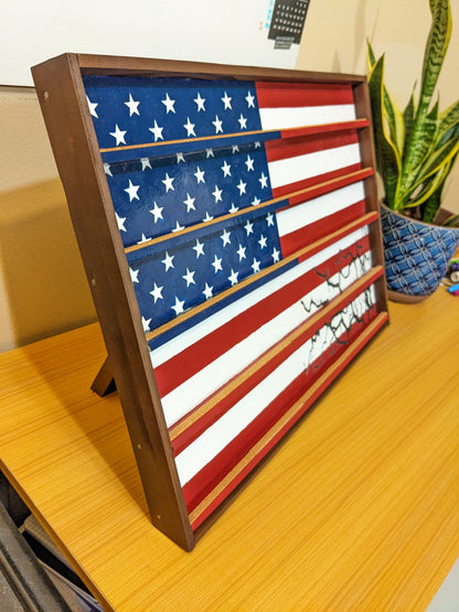 American Flag Challenge Coin Display - Vertical Desk Stand with Hand-Painted Flag