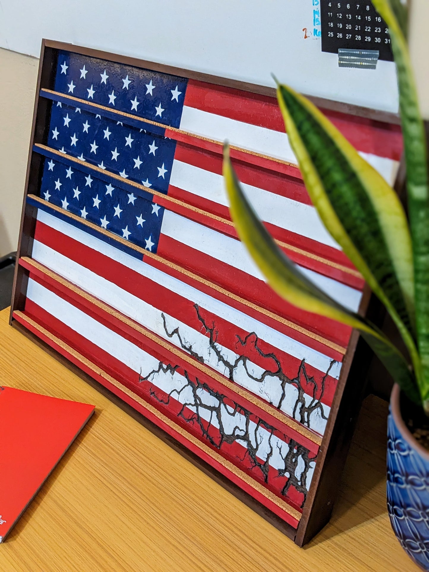 American Flag Challenge Coin Display - Vertical Desk Stand with Hand-Painted Flag