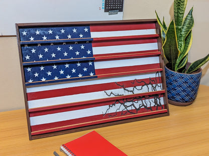 American Flag Challenge Coin Display - Vertical Desk Stand with Hand-Painted Flag