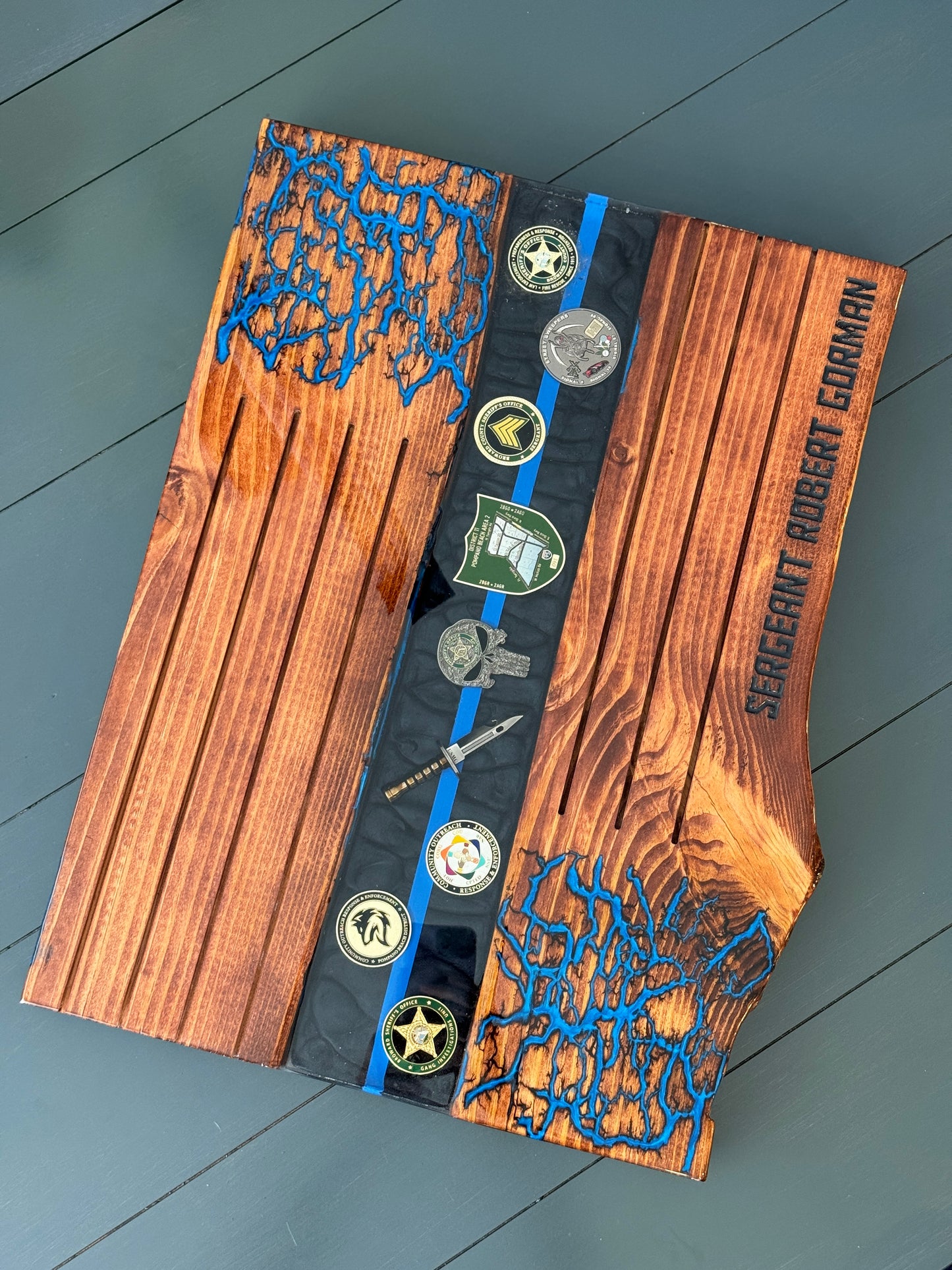 Custom River Challenge Coin Holder - Live Edge with Personal Items