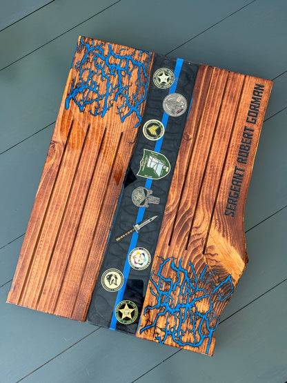 Custom River Challenge Coin Holder - Live Edge with Personal Items