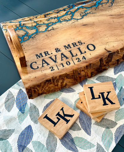 Premium Live Edge Serving Tray - Fractal Burned Teak (27" x 10")