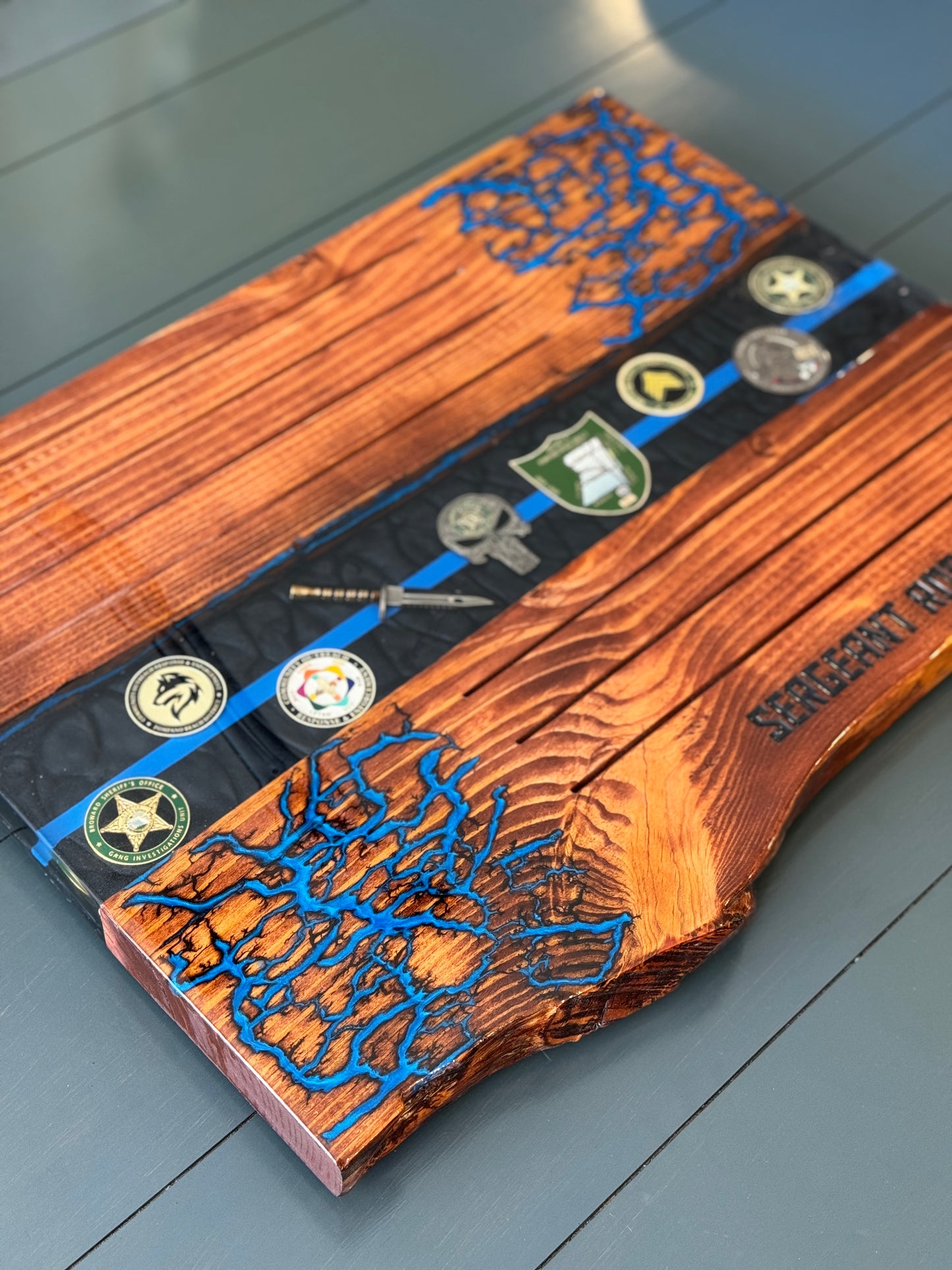 Custom River Challenge Coin Holder - Live Edge with Personal Items